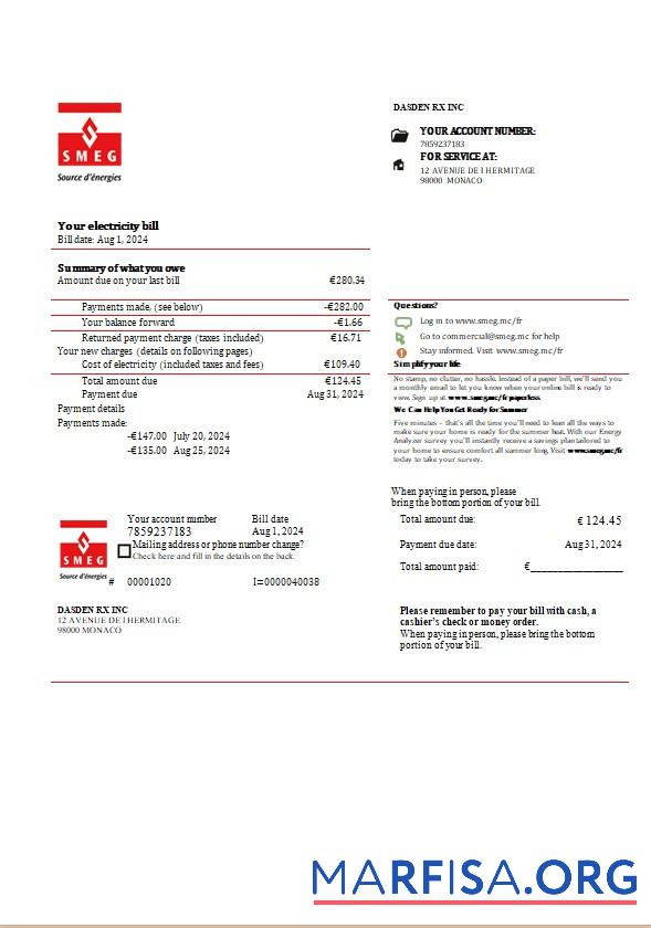 Printable Monaco SMEG electricity business utility bill template in Word and PDF formats
